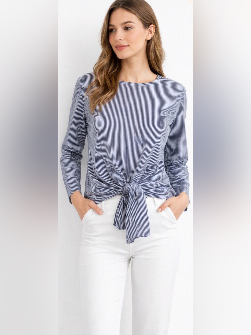 Paraphrase Womens 3/4 Sleeve Tie Front Blouse in Blue/White Pinstripe Sz M